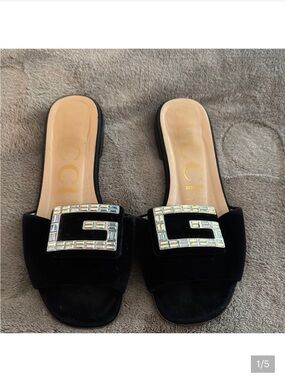 Gucci Black Velvet Slide Mule sandals  with Crystal G Buckle
